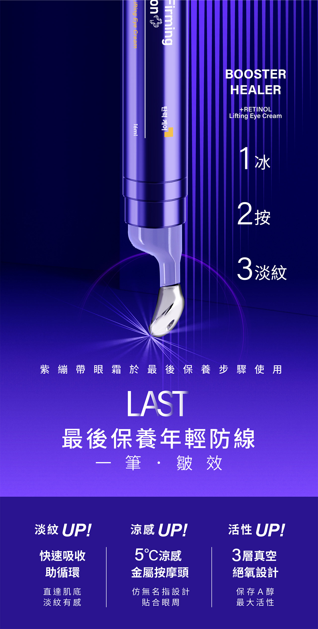 FirmingLifting Eye Cream16ml탄력 케어BOOSTERHEALER+RETINOLLifting Eye Cream1冰2按3淡紋紫繃帶眼霜於最後保養步驟使用LAST最後保養年輕防線一筆·皺效淡紋 UP!涼感 UP!活性 UP!快速吸收助循環直達肌底淡紋有感5涼感金屬按摩頭仿無名指設計3層真空絕氧設計貼合眼周保存A醇最大活性